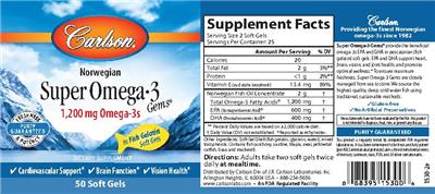 Photo of the Carlson Super Omega-3 Gems 1,200 mg label