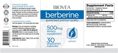 Photo of the BIOVEA Berberine 500 mg label