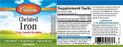 Photo of the Carlson Chelated Iron 27 mg label