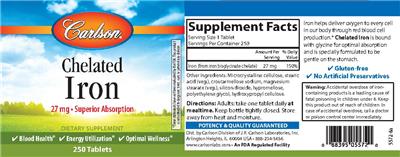 Photo of the Carlson Chelated Iron 27 mg label