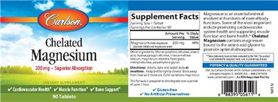 Photo of the Carlson Chelated Magnesium 200 mg label