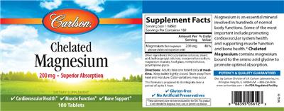Photo of the Carlson Chelated Magnesium 200 mg label