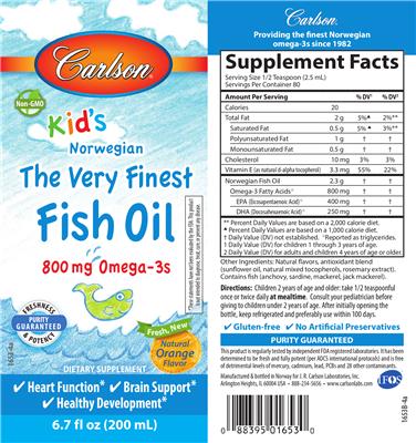 Photo of the Carlson Kid's The Very Finest Fish Oil Natural Orange Flavor label