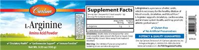 Photo of the Carlson L-Arginine Amino Acid Powder label