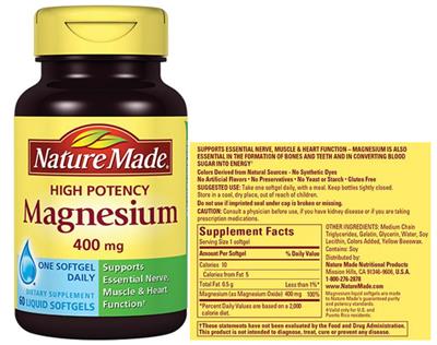 Photo of the Nature Made High Potency Magnesium 400 mg label