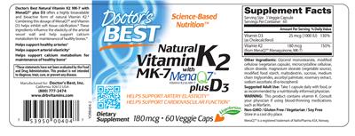 Photo of the Doctor's Best Natural Vitamin K2 MK-7 with MenaQ7 plus D3 180 mcg label