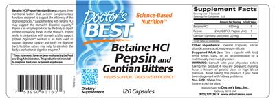Photo of the Doctor's Best Betaine HCl Pepsin and Gentian Bitters label