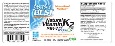 Photo of the Doctor's Best Natural Vitamin K2 MK-7 with MenaQ7 45 mcg label