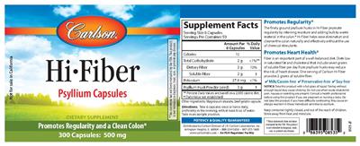 Photo of the Carlson Hi-Fiber Pysllium Capsules 500 mg label