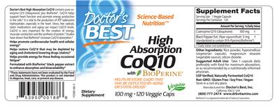 Photo of the Doctor's Best High Absorption CoQ10 with BioPerine 100 mg label