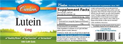 Photo of the Carlson Lutein 6 mg label
