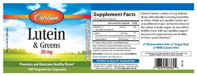 Photo of the Carlson Lutein & Greens 20 mg label