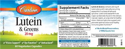 Photo of the Carlson Lutein & Greens 20 mg label