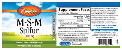 Photo of the Carlson M-S-M Sulfur 1,000 mg label