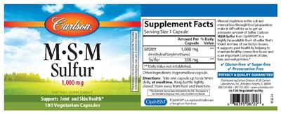 Photo of the Carlson M-S-M Sulfur 1,000 mg label