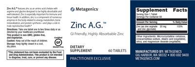 Photo of the Metagenics Zinc A.G. label