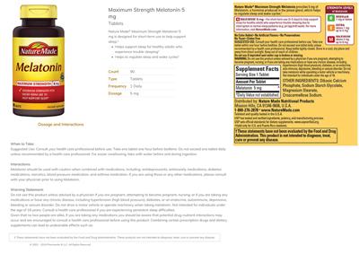 Photo of the Nature Made Melatonin Maximum Strength 5 mg label