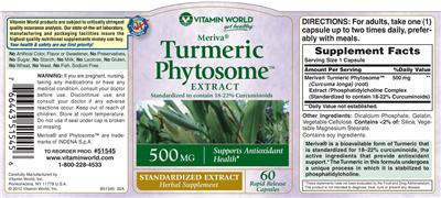 Photo of the Vitamin World Meriva Turmeric Phytosome Extract 500 mg label
