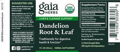 Photo of the Gaia Herbs Dandelion Root & Leaf label