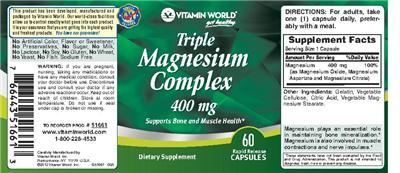 Photo of the Vitamin World Triple Magnesium Complex 400 mg label