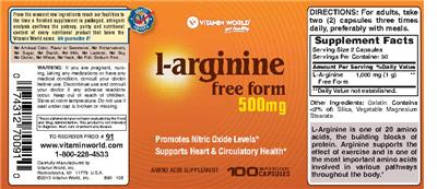 Photo of the Vitamin World L-Arginine 500 mg label