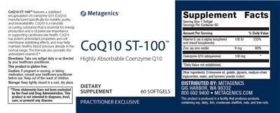 Photo of the Metagenics CoQ10 ST-100 label