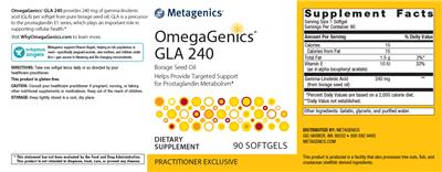 Photo of the Metagenics OmegaGenics GLA 240 label