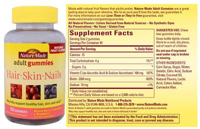 Photo of the Nature Made Hair-Skin-Nails Adult Gummies label