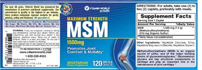 Photo of the Vitamin World Maximum Strength MSM 1500 mg label