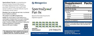 Photo of the Metagenics SpectraZyme Pan 9x label