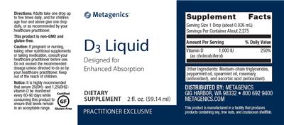 Photo of the Metagenics D3 Liquid label