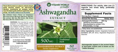 Photo of the Vitamin World Ashwagandha Extract 500 mg label