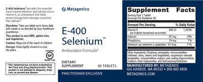 Photo of the Metagenics E-400 Selenium label