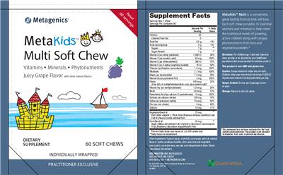 Photo of the Metagenics MetaKids Multi Soft Chew Juicy Grape Flavor label
