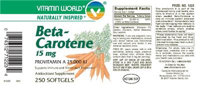 Photo of the Vitamin World Beta-Carotene 15 mg label
