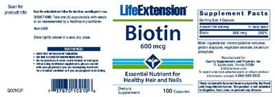 Photo of the Life Extension Biotin 600 mcg label