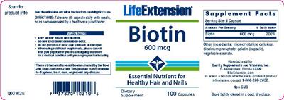 Photo of the Life Extension Biotin 600 mcg label