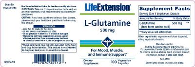 Photo of the Life Extension L-Glutamine 500 mg label