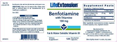 Photo of the Life Extension Benfotiamine with Thiamine 100 mg label