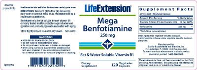 Photo of the Life Extension Mega Benfotiamine 250 mg label