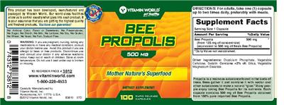 Photo of the Vitamin World Bee Propolis 500 mg label