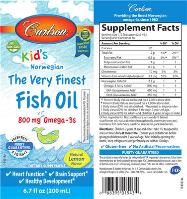 Photo of the Carlson Kid's The Very Finest Fish Oil Natural Lemon Flavor label