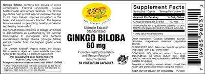 Photo of the VSN Vital Strength Nutrition Ginkgo Biloba 60 mg label