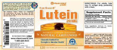 Photo of the Vitamin World Eye Guard Lutein 20 mg label