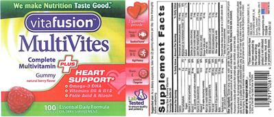 Photo of the vitafusion MultiVites Plus Heart Support Natural Berry Flavor label