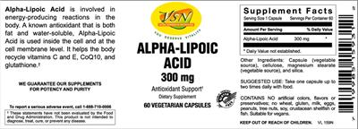 Photo of the VSN Vital Strength Nutrition Alpha-Lipoic Acid 300 mg label