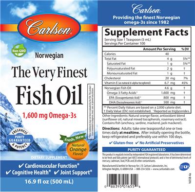 Photo of the Carlson Norwegian The Very Finest Fish Oil Natural Orange Flavor label