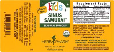 Photo of the Herb Pharm Kids Sinus Samurai Alcohol Free label