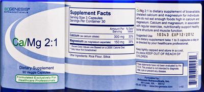 Photo of the BioGenesis Nutraceuticals Ca/Mg 2:1 label