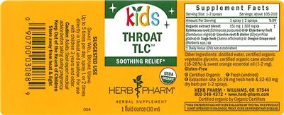 Photo of the Herb Pharm Kids Throat TLC label